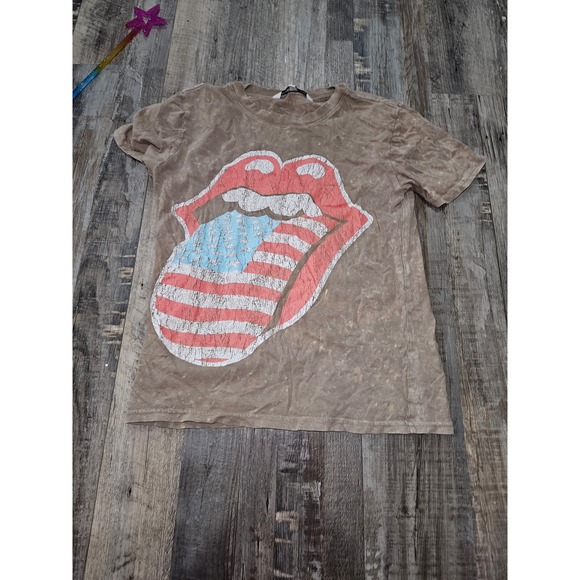 Rolling Stones Graphic T-Shirt Brown Distressed Rock Band Tongue Tee - Picture 1 of 1